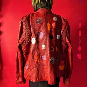 Upcycled Red Leather Biker Jacket – Unique Circle Patchwork Art Jacket